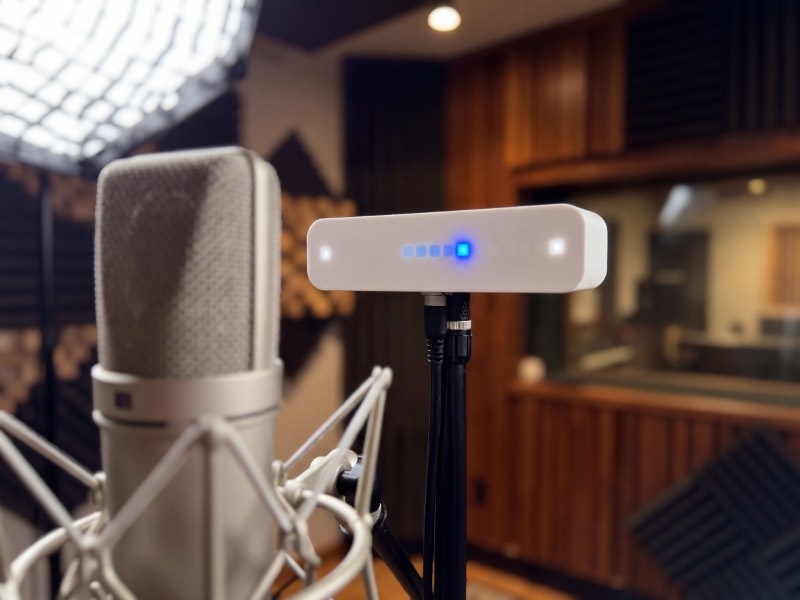 Vistanome in a recording booth with blue beat color.