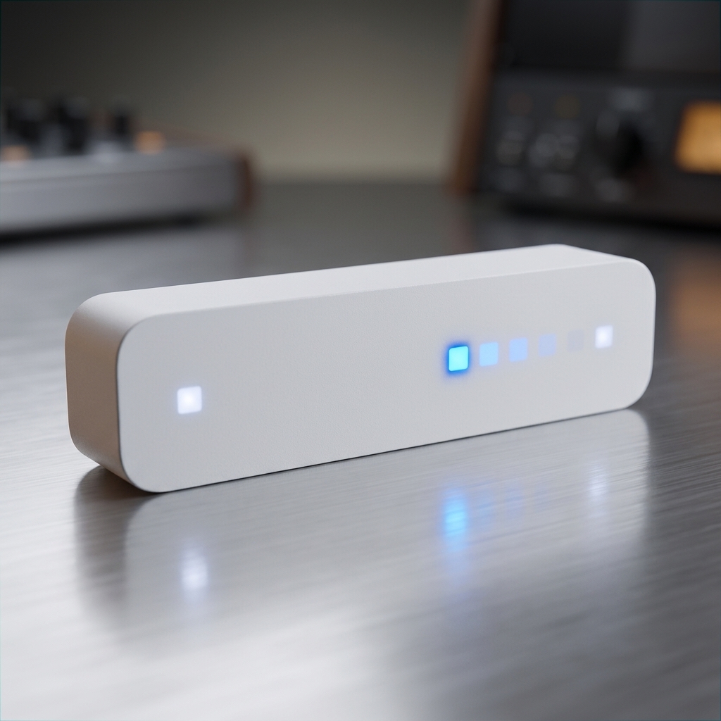 The Vistanome on a studio desk, its LED strip lit blue, with studio gear blurred behind it